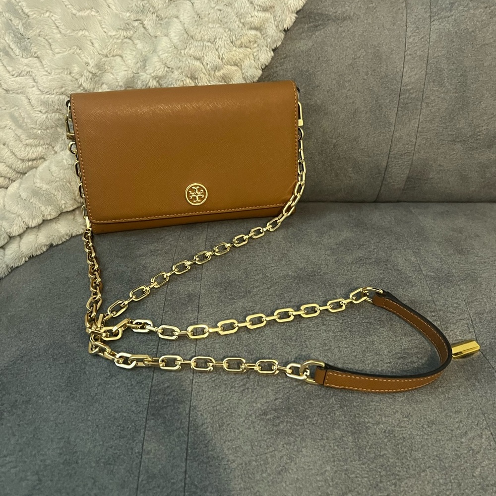 Tory Burch Brown Leather Crossbody Bag with Gold Chain